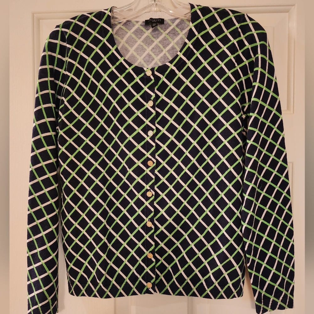 TALBOT'S SZ SP CARDIGAN COTTON BLEND NAVY, WHITE, GREEN DESIGN NWOT
